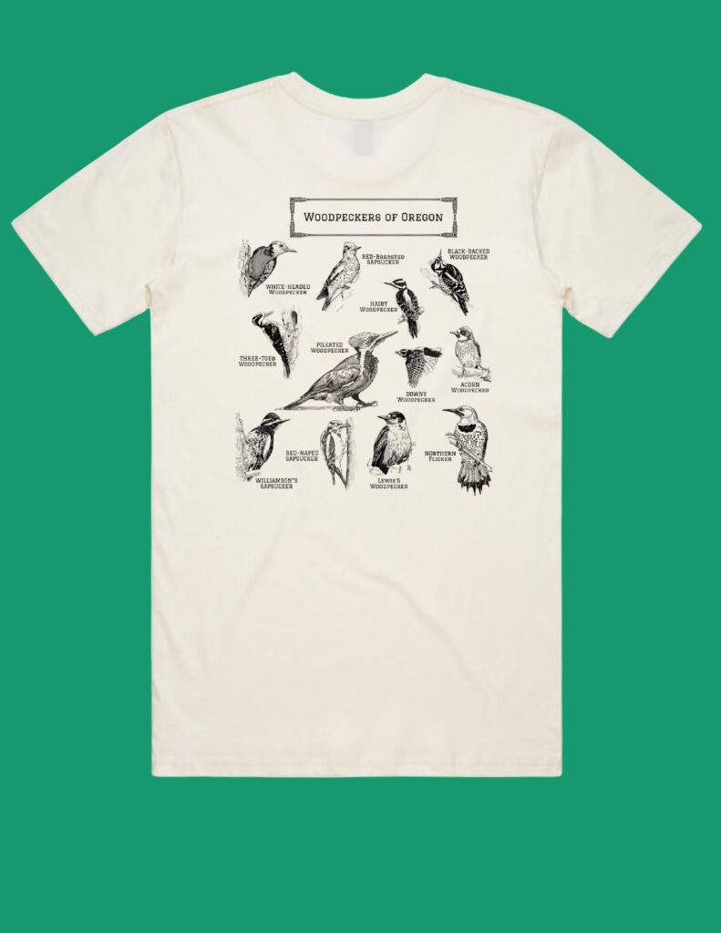 White T-shirt featuring a vintage diagram titled 'Woodpeckers of Oregon' with multiple illustrated woodpeckers and labels in a grid layout on the chest area