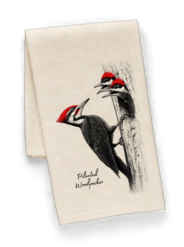 Beige tote bag featuring a black-and-red pileated woodpecker perched on a tree trunk with the caption 'Pileated Woodpecker'.
